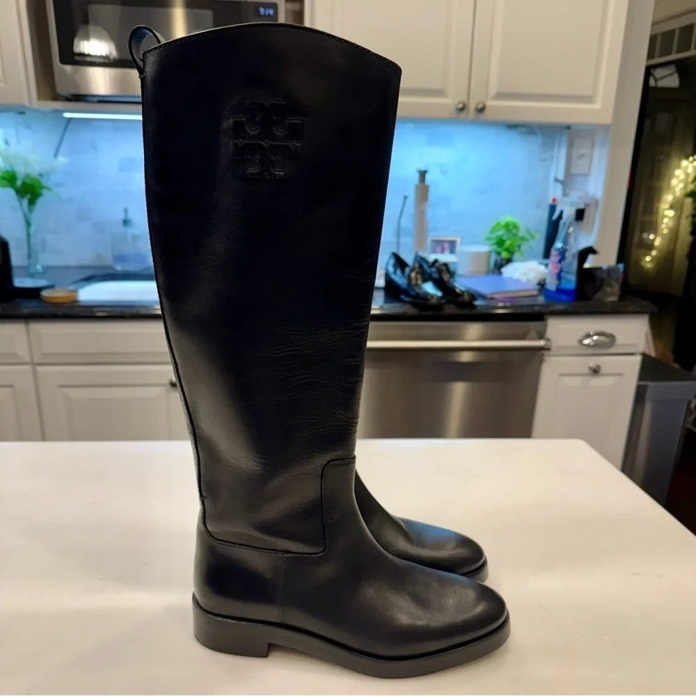 Tory Burch Women’s The Riding Boot Size 8 Black Leather Embossed Logo NEW
